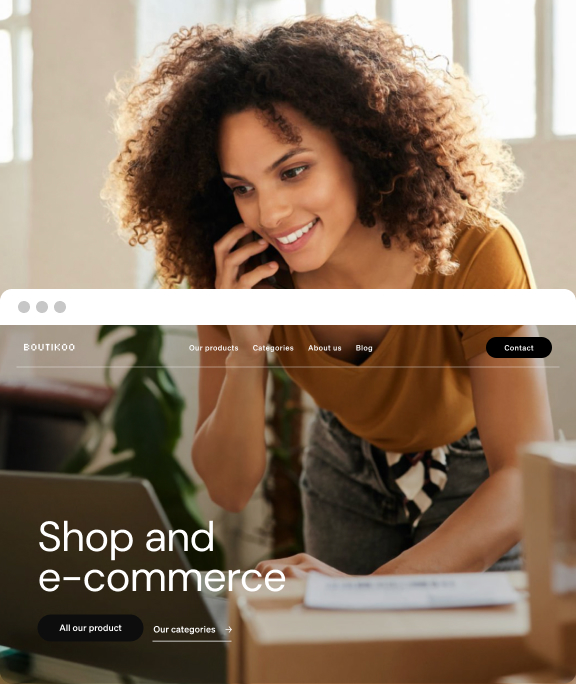 Boutique owner on the phone with customers and website preview