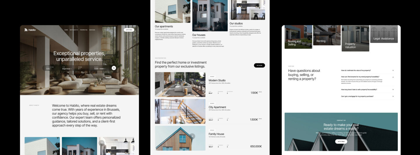 Wide view of pages of Habito real estate template by Eazyclick