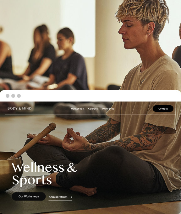 Double sided image of a person in a yoga class and the mock up of a website for wellness and sports 